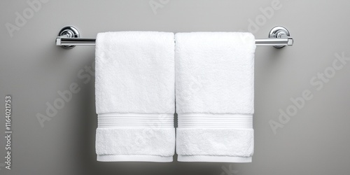 Sparkle and hygiene in bathroom concept. Two white towels neatly hung on a chrome towel rack against a gray wall