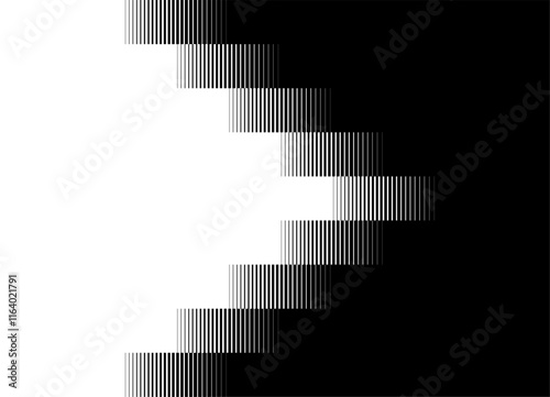 Transition from black to white with striped steps from lines. Vector design element. Abstract arrow. Black and white vector background.