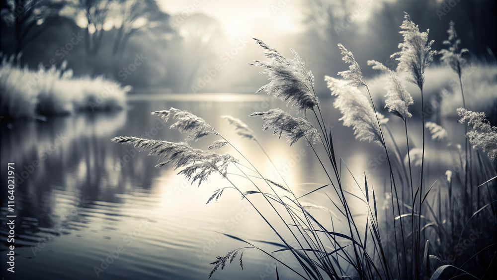 Obraz premium Dreamy black and white nature photography of serene water and reeds