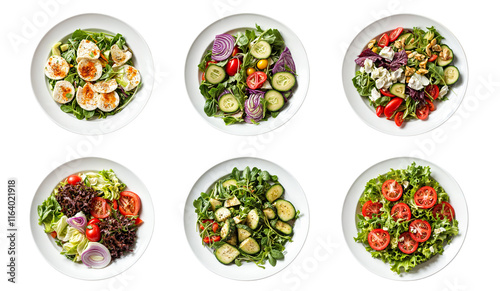 Set of fresh salad plates with vegetables and toppings, isolated on a transparent background photo