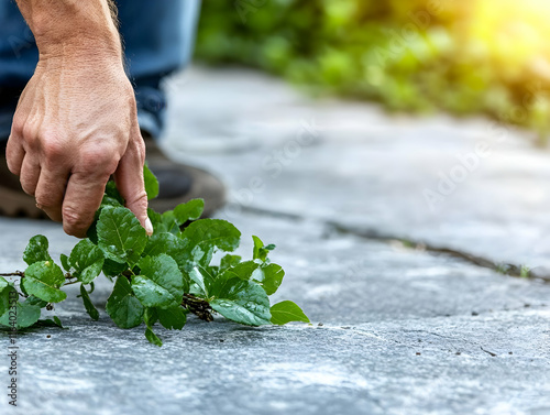 Man removing weeds growing between paving stones.