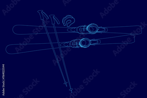 Pair of skis and ski poles are shown in a blue background. The skis are positioned in a way that they appear to be in use, with the poles resting on the skis
