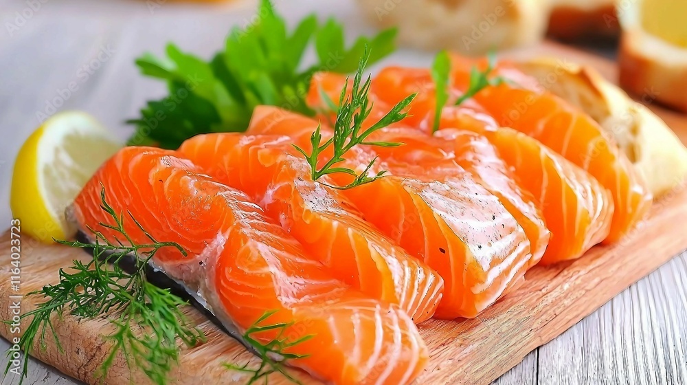 Fresh Slice of Salmon with Herbs and Lemon on Wooden Board Fresh Slice of Salmon with Herbs and Lemon on Wooden Board