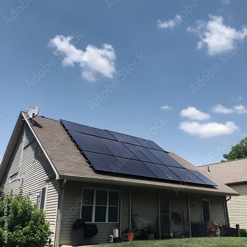 Rooftop solar panels installation , eco-friendly house clean renewable energy