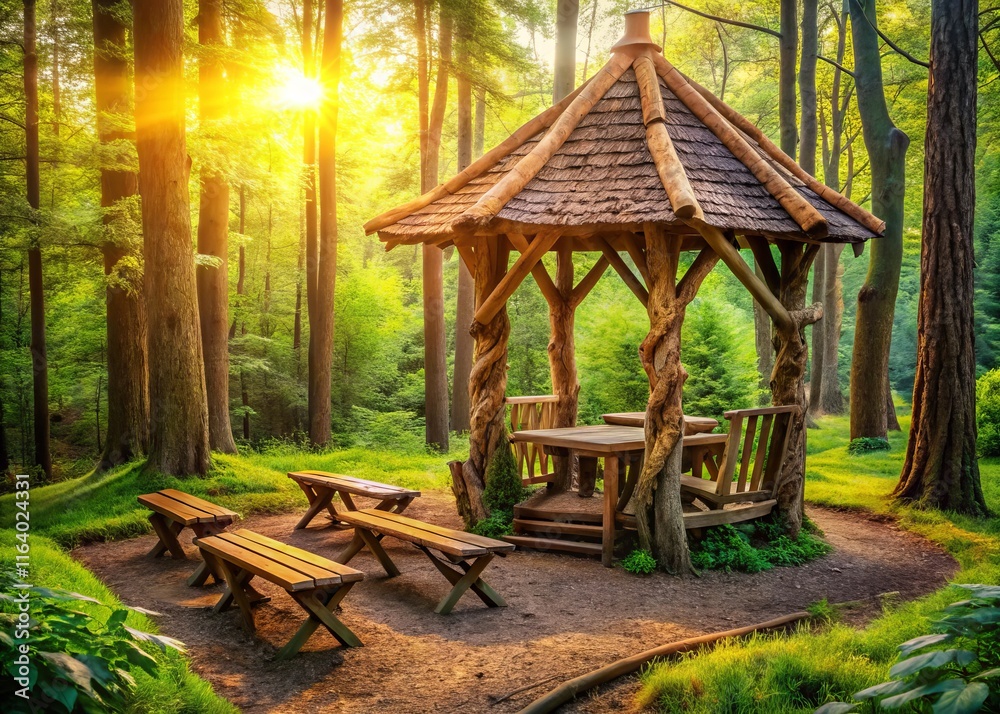 Rustic Forest Picnic Area: Gazebo & Tree Trunk Table Chairs Rustic Forest Picnic Area: Gazebo & Tree Trunk Table Chairs