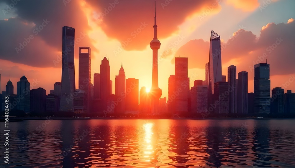 Fototapeta premium A stunning cityscape at sunset with glowing skyscrapers and serene water reflections.