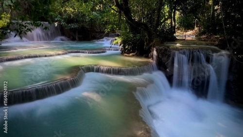 Long explosure Tat Kuang Si waterfall famous place in Luang Prabang, Laos