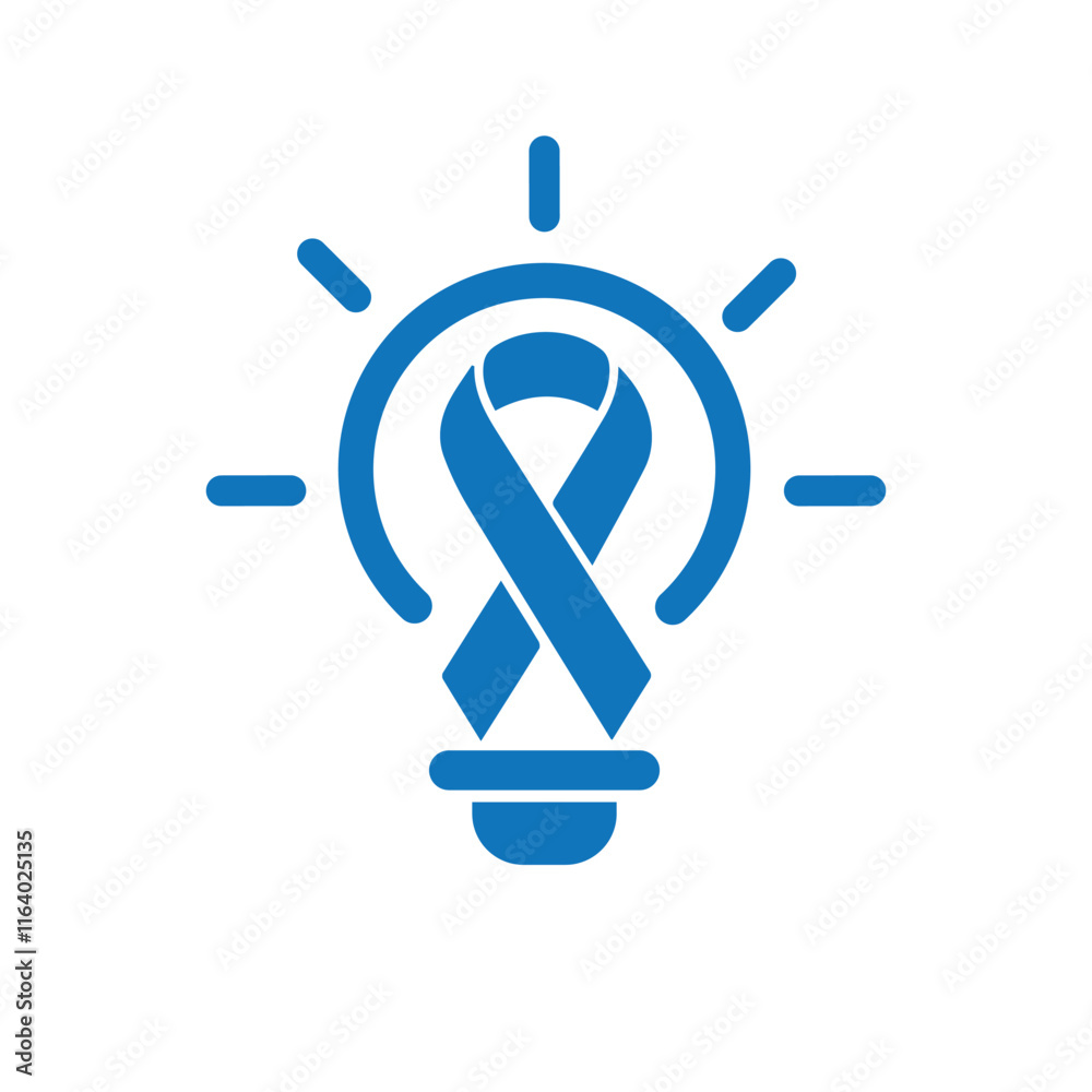 The image shows a flat logo design of a blue awareness ribbon inside a lightbulb icon for awareness month event that looks clean on a white background The image shows a flat logo design of a blue awareness ribbon inside a lightbulb icon for awareness month event that looks clean on a white background