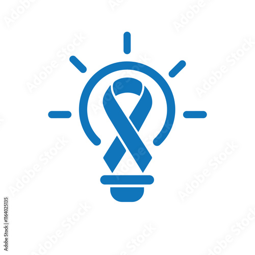 The image shows a flat logo design of a blue awareness ribbon inside a lightbulb icon for awareness month event that looks clean on a white background