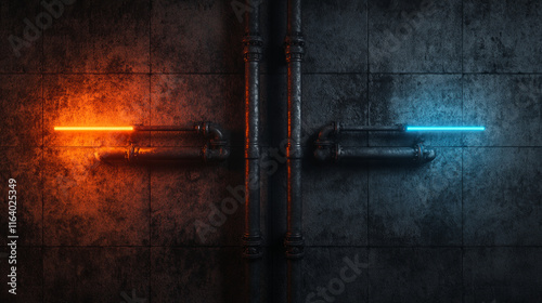 Industrial pipe abstract with glowing orange and blue neon lights on metallic surface in dark moody atmosphere against textured background
