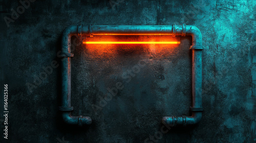 Neon industrial pipe system glowing orange on textured dark teal wall creating modern contemporary minimalist urban decor