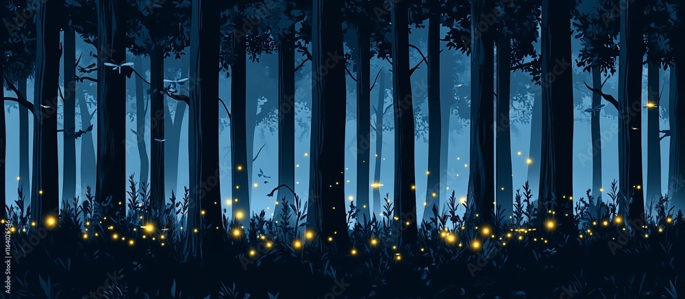 Obraz premium Mystical Night Forest with Fireflies.