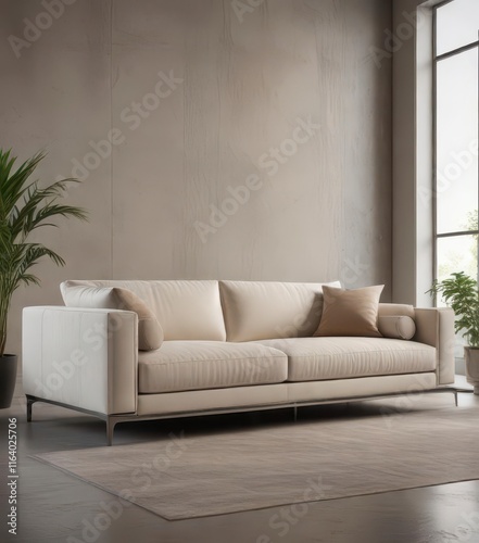 Sleek low-profile sofa with neutral tones and metallic accents,  modern furniture,  luxury living room,  Sofas