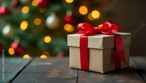 A gift box with red ribbon on wooden surface, glowing Christmas tree in the background. photo