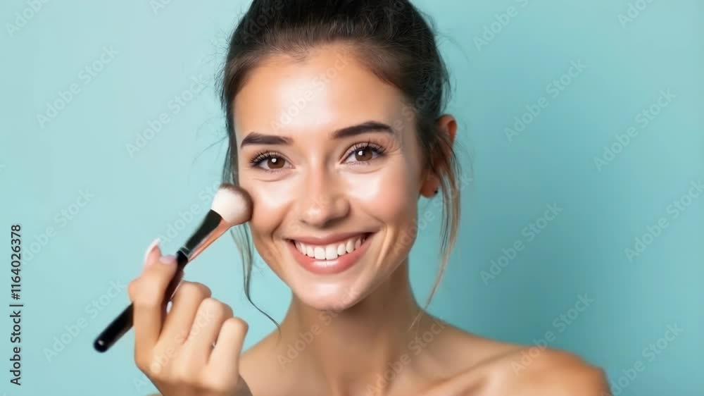 Smiling woman applying makeup with a brush on a light blue background Smiling woman applying makeup with a brush on a light blue background