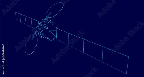 Blue satellite is shown in a blue background. The satellite is a large, thin object with a pointed end