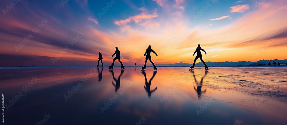 Silhouettes of ice skaters on frozen lake at sunset with reflections. Silhouettes of ice skaters on frozen lake at sunset with reflections.