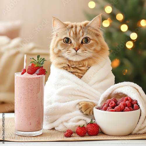 Cute Cat with Strawberry Smoothie, Cute Cat Enjoying a Strawberry Smoothie, Cute Cat Wrapped in Towel with Strawberry Smoothie, Healthy dog and cat Lifestyle Cat enjoying smoothie  photo