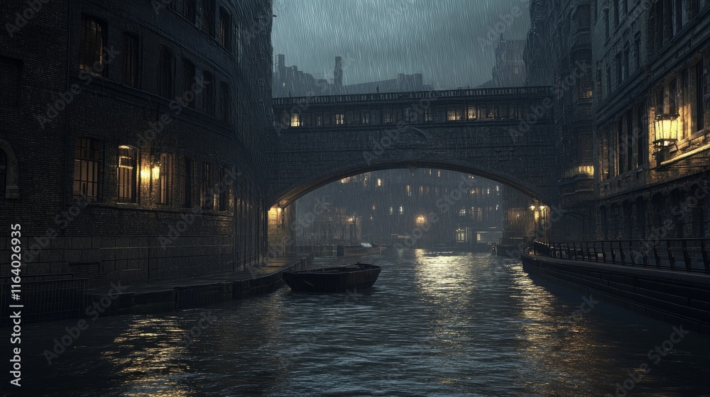 A rainy night in a multi-level, cyberpunk, future city situated above a canal. 3D drawing. A rainy night in a multi-level, cyberpunk, future city situated above a canal. 3D drawing.