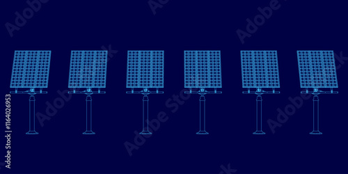 Blue image of solar panels. The image is a computer generated drawing of a solar panel field