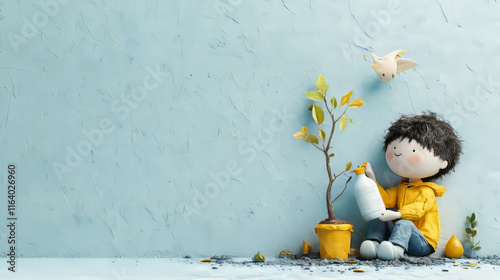 Yellow raincoat kid gardening with tools and small plant in yellow pot against light blue wall, childhood hobby and nature caring concept