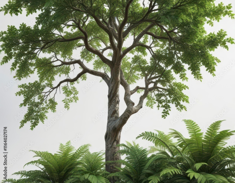 Fototapeta premium Tall tree with lush green leaves against a clean white background , woodsy, tree, calm