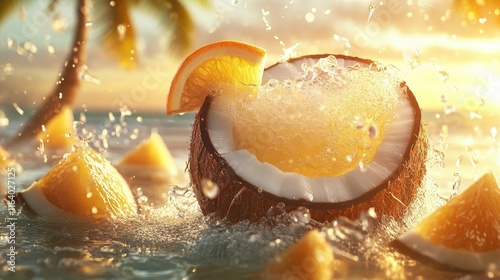 Refreshing coconut drink with orange slices under a tropical sunset