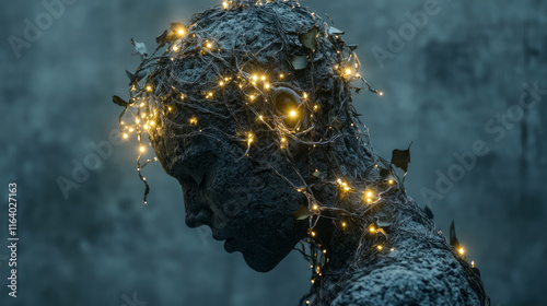 Abstract profile silhouette with glowing lights and string entangled in dark moody atmosphere