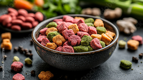 Colorful dry pet food pellets in ceramic bowl on dark table, healthy meal of kibbles in grey dish with natural nutritious ingredients photo