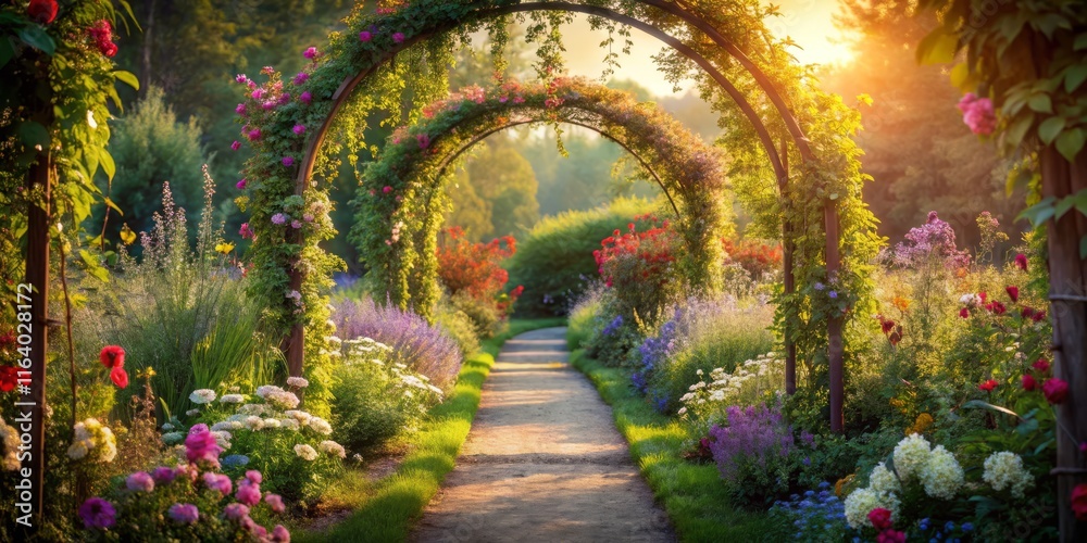 Fototapeta premium Serene Garden Path: Whimsical Floral Gateway - Digital Painting