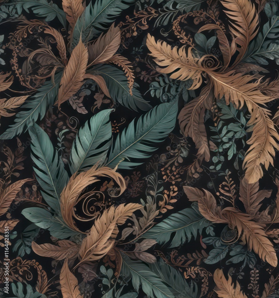 Whimsical Swirl Pattern with Feathers and Leaves, playful flourishes, whimsical swirls, artistic elements Whimsical Swirl Pattern with Feathers and Leaves, playful flourishes, whimsical swirls, artistic elements