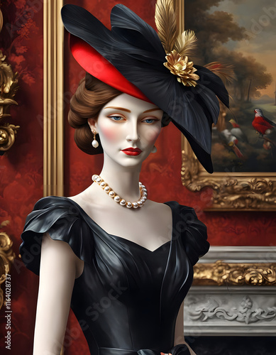 Portrait of an elegant porcelain lady figurine in a black dress and a red hat with golden feathers photo