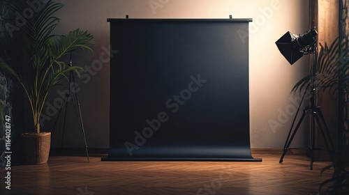 A black backdrop is set up in a room with a potted plant and a light photo