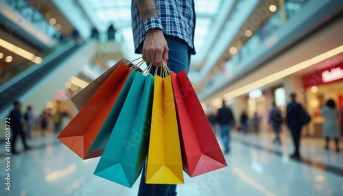 Person Carrying Colorful Shopping Bags in Modern Mall