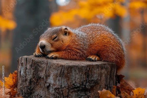 The Woodchuck (Marmota monax) looks down from its position at the end of the log photo