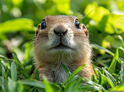 The baby marmota monax enjoying a meal of grass and weeds photo