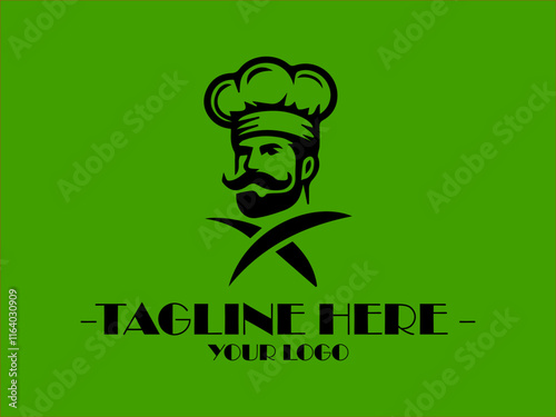 Ideal for food blogs, professional chef vector logo master chef symbol with a modern touch restaurant menus, and cookingthemed designs, a black chef hat, fork, and spoon on a green background