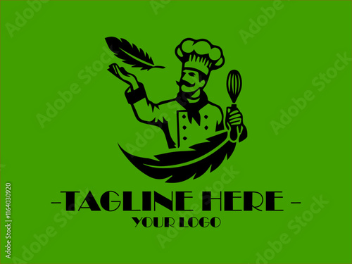 Ideal for food blogs, professional chef vector logo master chef symbol with a modern touch restaurant menus, and cookingthemed designs, a black chef hat, fork, and spoon on a green background