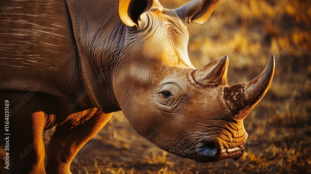 Close-up of a rhinoceros in golden sunlight. Close-up of a rhinoceros in golden sunlight.