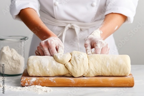 A close-up of a chef hands rolling gnocchi dough into soft, pillowy pieces photo