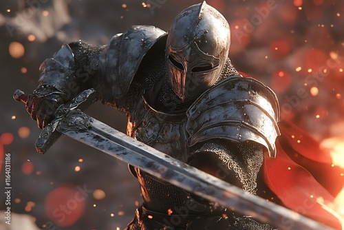 Medieval knight wearing full plate armor and helmet, holding a large sword, amidst a shower of fire sparks, creating a dramatic battle scene