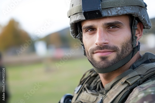 A soldier poses with a serious expression outdoors, highlighting dedication and focus in a military context, suitable for themes of strength, discipline, and patriotism. photo