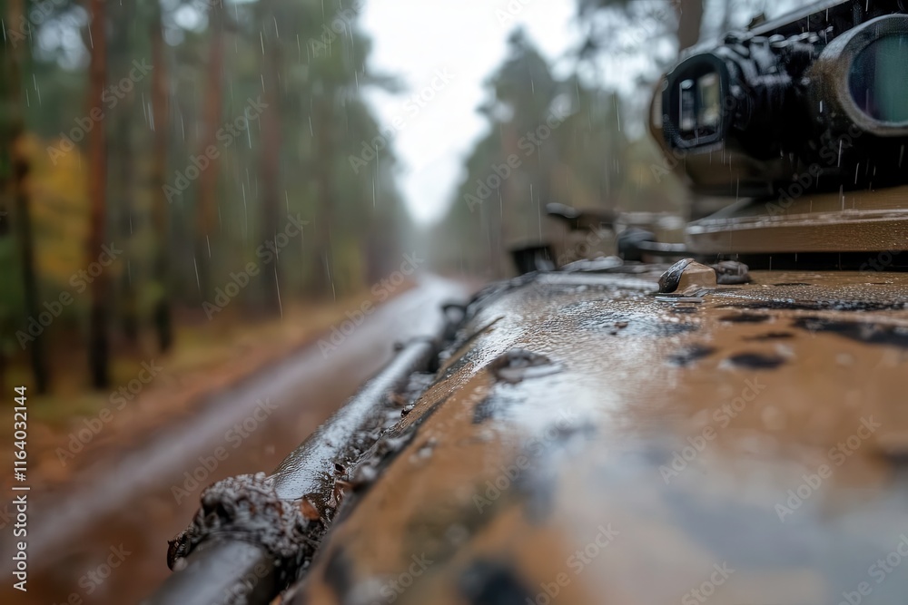 This image depicts rain falling on a military tank, focusing on intricate details of the vehicle's surface while capturing the somber atmosphere of the scene. This image depicts rain falling on a military tank, focusing on intricate details of the vehicle's surface while capturing the somber atmosphere of the scene.