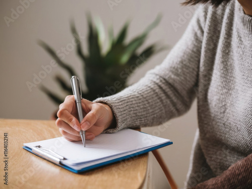 Una mujer tomando notas en un bloc de notas en blanco
 photo