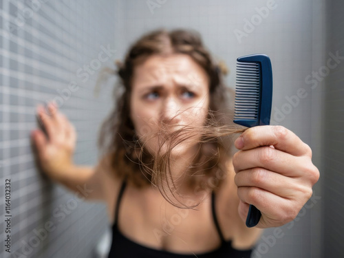 Mujer con expresión preocupada sostiene cabello caído de su cabeza
