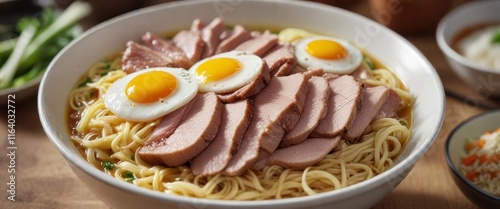 Close-up of juicy pork slices and creamy egg yolk in a bowl of hot noodles, pork belly,  meaty