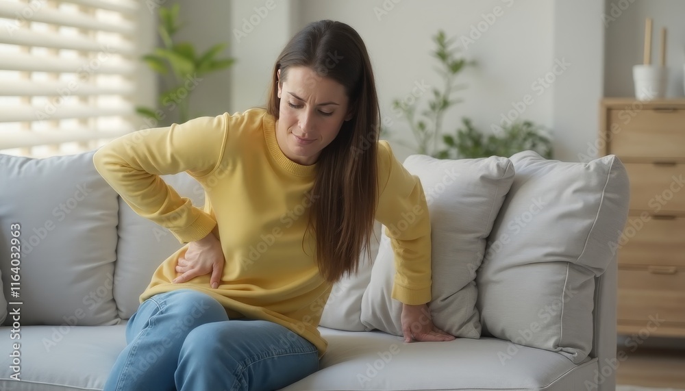 Woman Experiencing Discomfort While Sitting on Couch Woman Experiencing Discomfort While Sitting on Couch