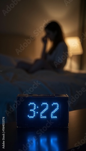 Woman in Thought at Night with Alarm Clock Displaying 3:22