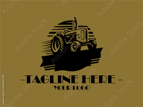 Black tractor in field at sunset with text tractor for logo use. Suitable for agricultural businesses, farm equipment companies, rusticthemed designs, background ilustrasi vector