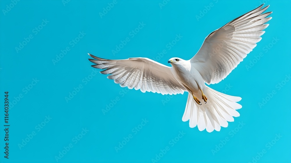 Obraz premium Majestic White Bird in Flight Against a Clear Blue Sky, Wings Outstretched Gracefully, Symbolizing Freedom, Peace, Purity, and the Beauty of Nature in a Stunning Aerial Perspective
